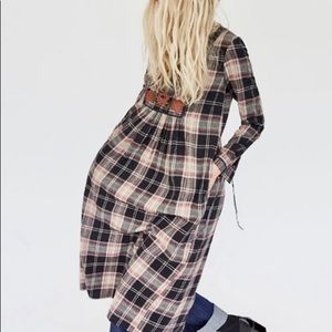 ZARA Embroidered Boho Plaid Check Large Midi Dress